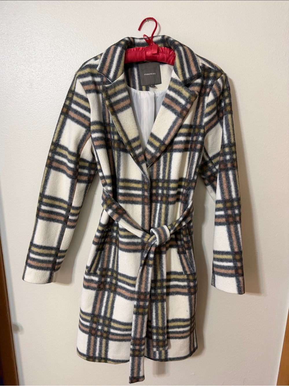 Maurices Plaid Belted Trench Coat in Cream and Brown